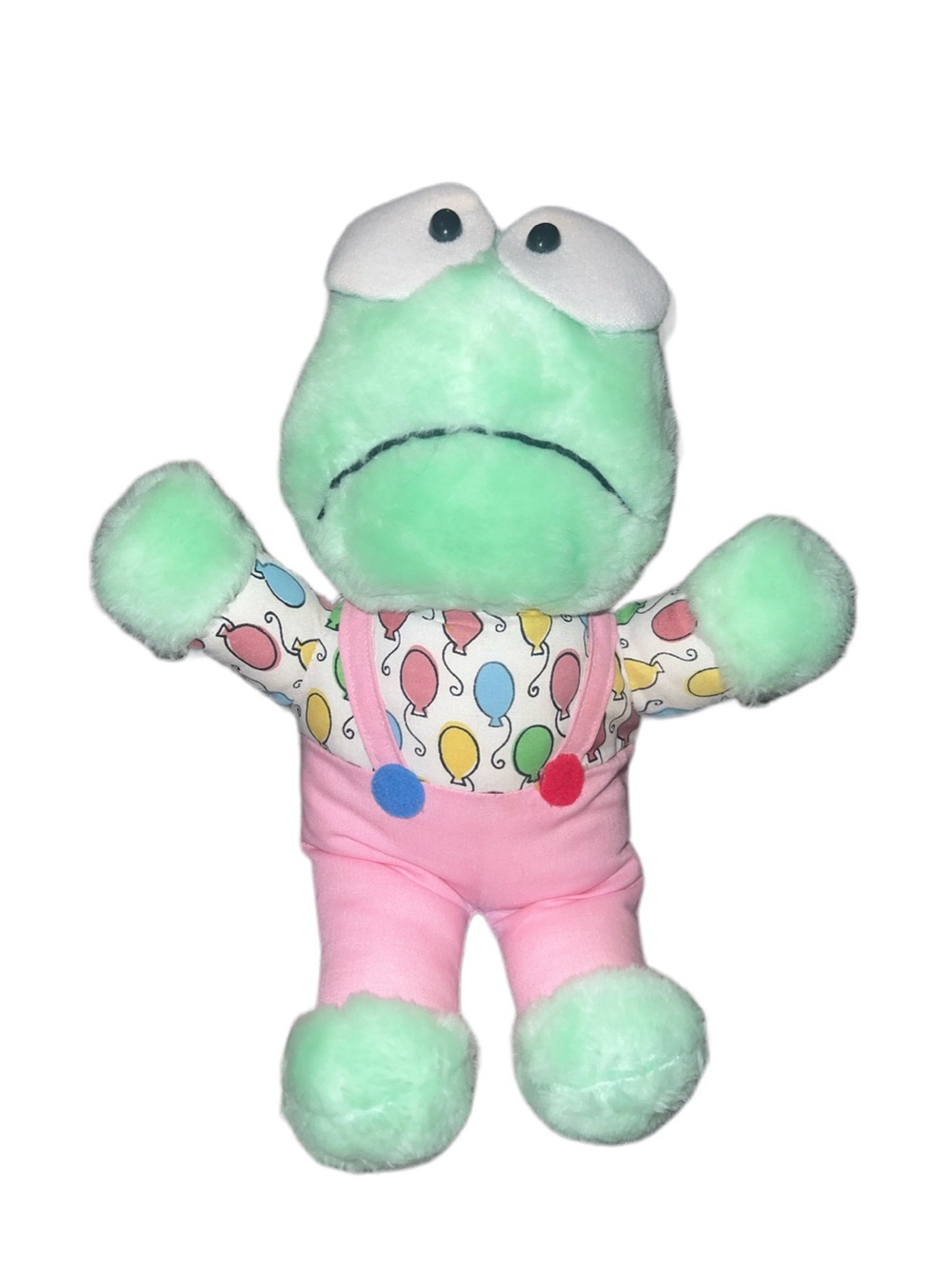 Vtg COMMONWEALTH GREEN BIG-EYED FROG STUFFED PLUSH PINK OVERALLS BALLOONS 80’s